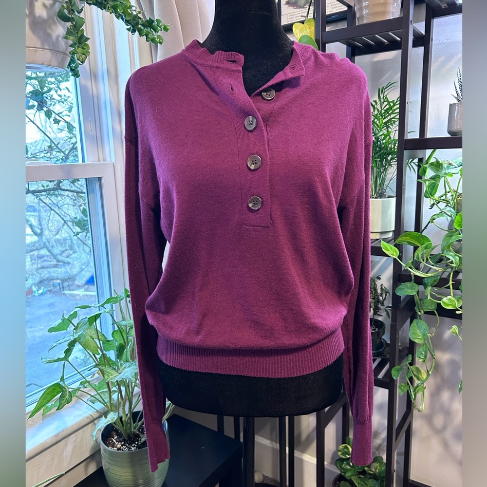 Good American Plum Button-Front Lightweight Sweater